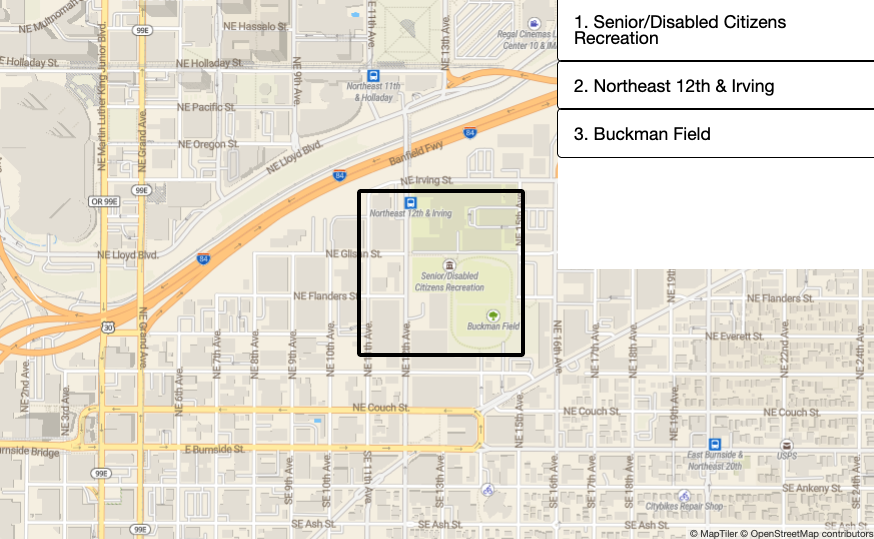 Accessibility mapping tool demonstrating ability to move directional keys to query for places of interest in the area.